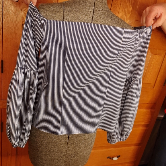 Express blue& white striped sexy off shoulder puff long sleeve Bardot blouse - Picture 9 of 11
